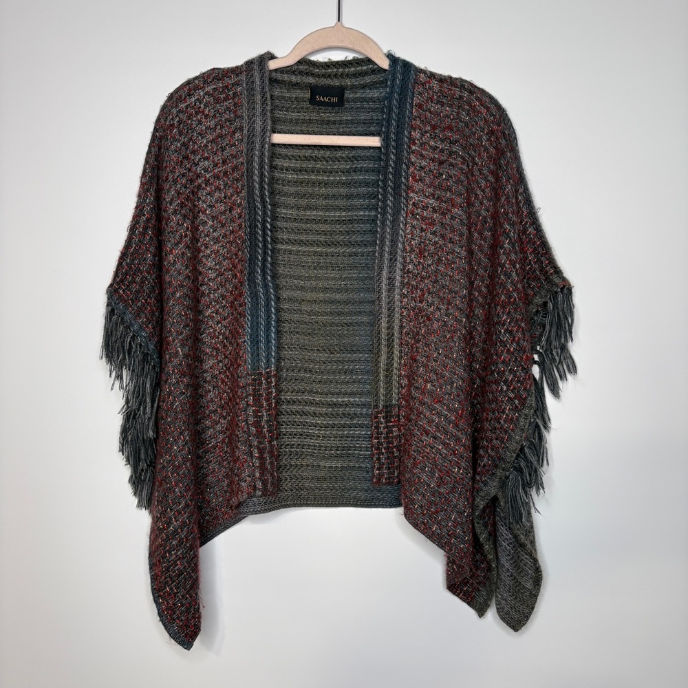 Sacchi Wool Blend Colorful Open Front Short Sleeve Sweater Poncho Wrap One Size
